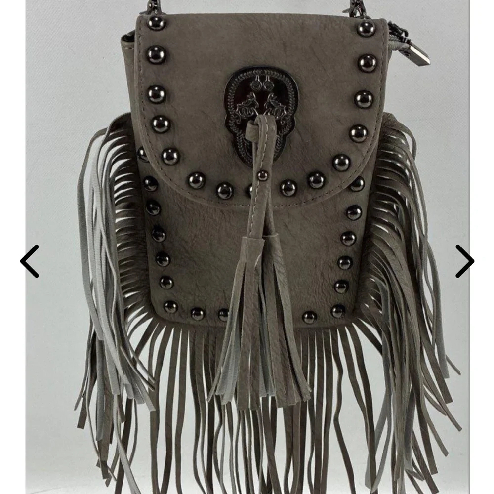Fringe Studded Gray Crossbody Bag - Picture 3 of 3